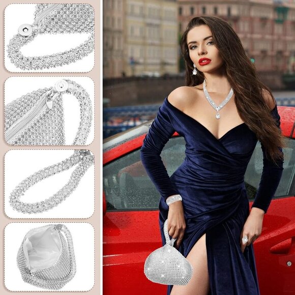5 Pcs Silver Clutch Purses for Women Evening Rhinestone Jewelry Set Bling Clutch - Picture 5 of 7